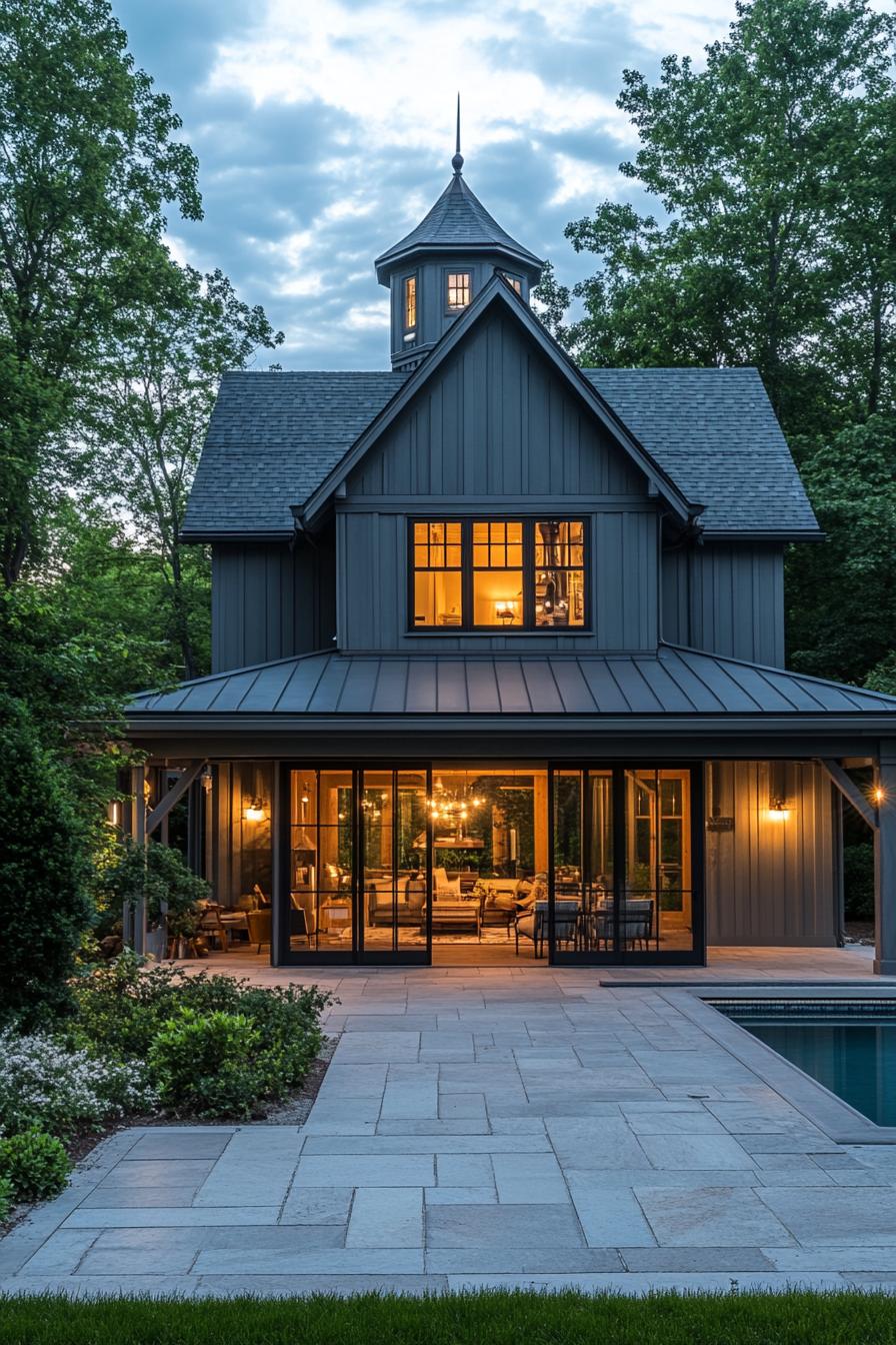 modern barn home with grey board and batten siding roof with a turret side porch with columns large opened sliding barn door with softly lit living 1