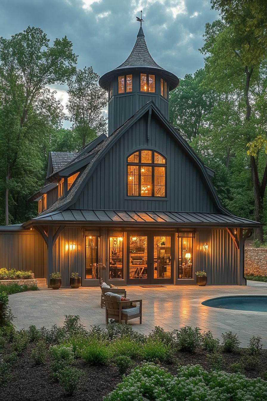 modern barn home with grey board and batten siding roof with a turret side porch with columns large opened sliding barn door with softly lit living 2