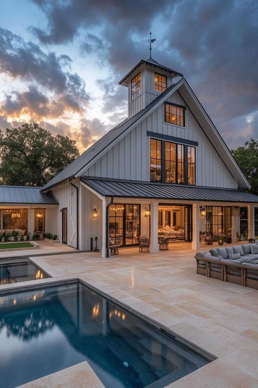 modern barn home with grey board and batten siding roof with a turret side porch with columns large opened sliding barn door with softly lit living 3