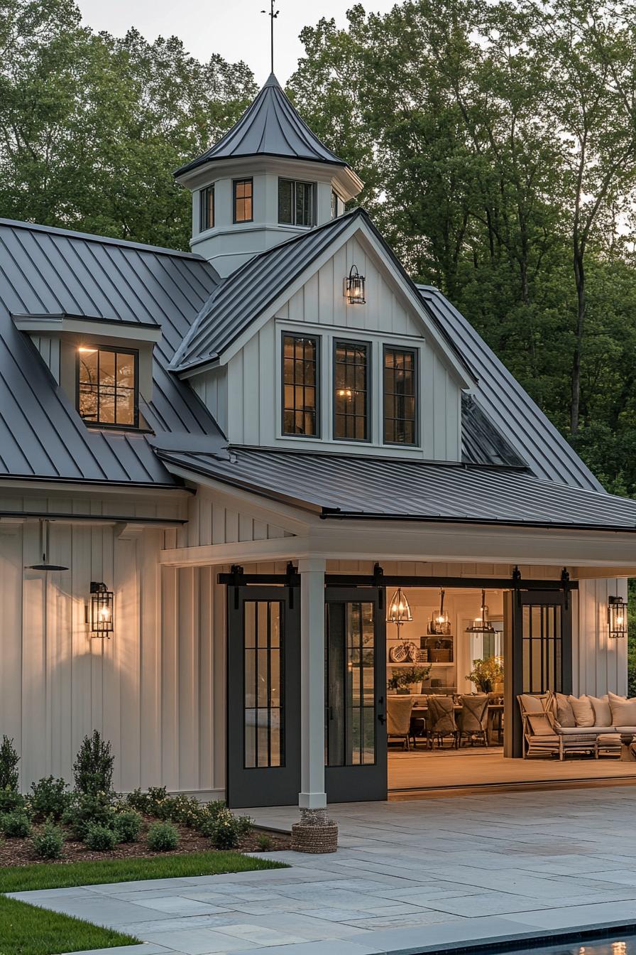 modern barn home with grey board and batten siding roof with a turret side porch with columns large opened sliding barn door with softly lit living