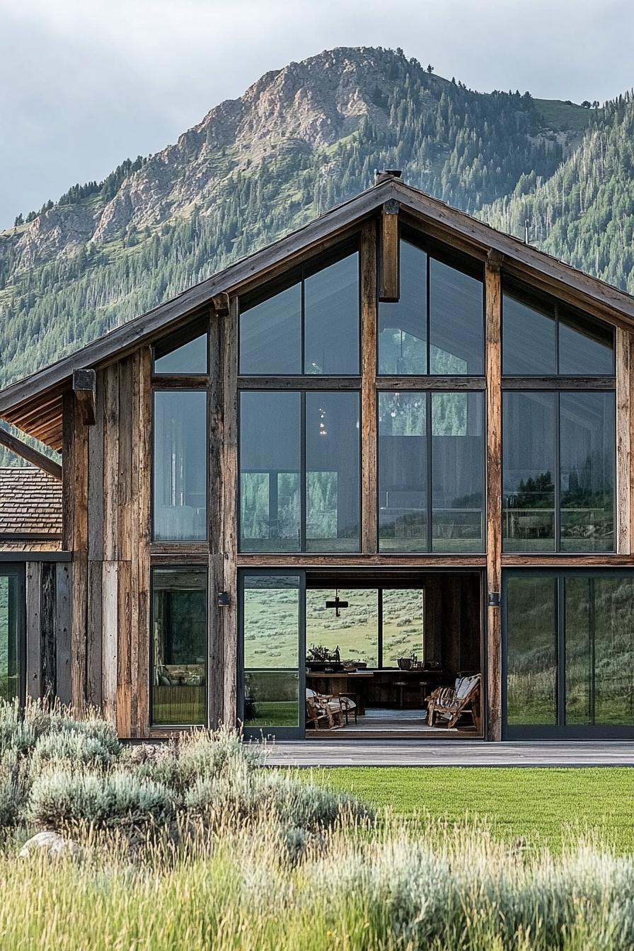 modern barn house with rustic cladding and big glass windows green valley in the background 1