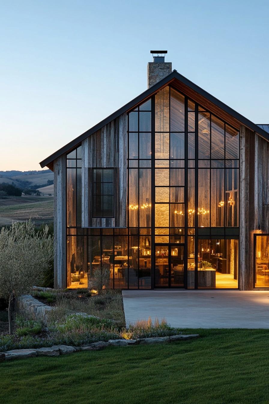 modern barn house with rustic cladding and big glass windows green valley in the background 2