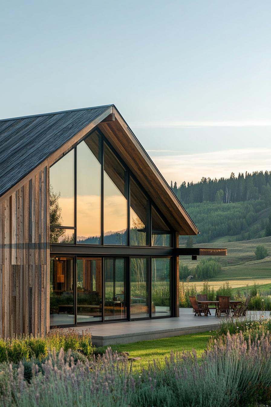 modern barn house with rustic cladding and big glass windows green valley in the background 3