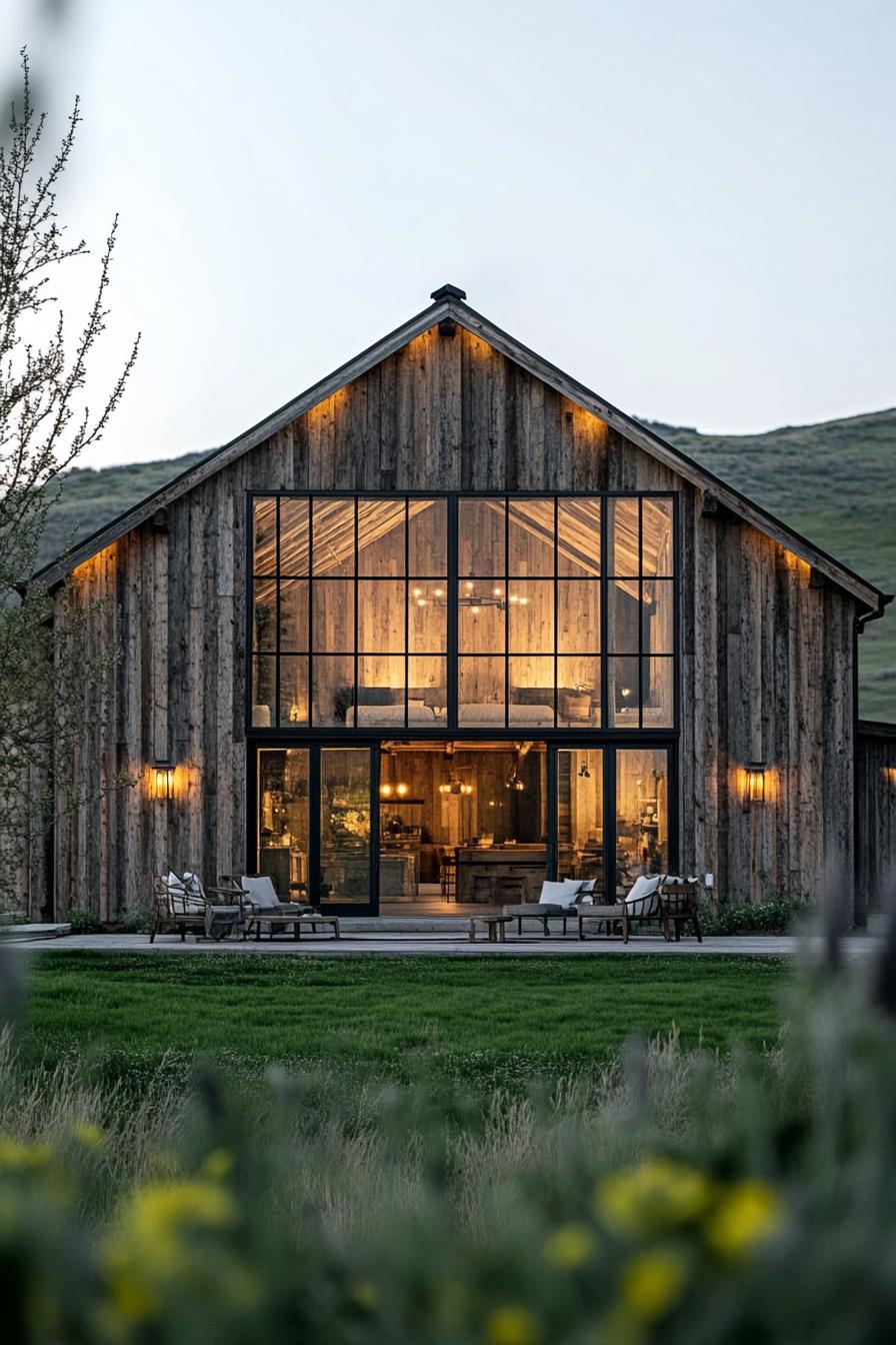 modern barn house with rustic cladding and big glass windows green valley in the background