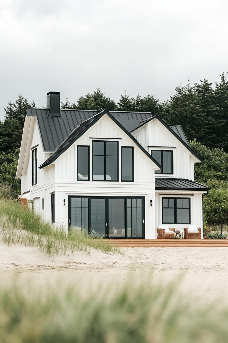 modern beachfront cottage house with white siding and black roof mdoern large windows terrace point of view of standing in the sea with beach sand 1