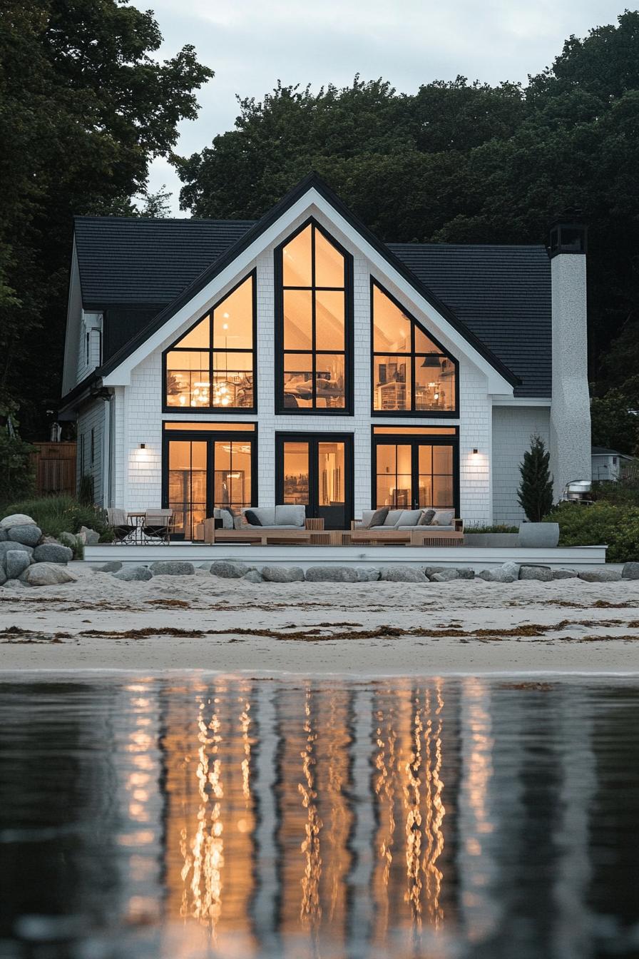 modern beachfront cottage house with white siding and black roof mdoern large windows terrace point of view of standing in the sea with beach sand