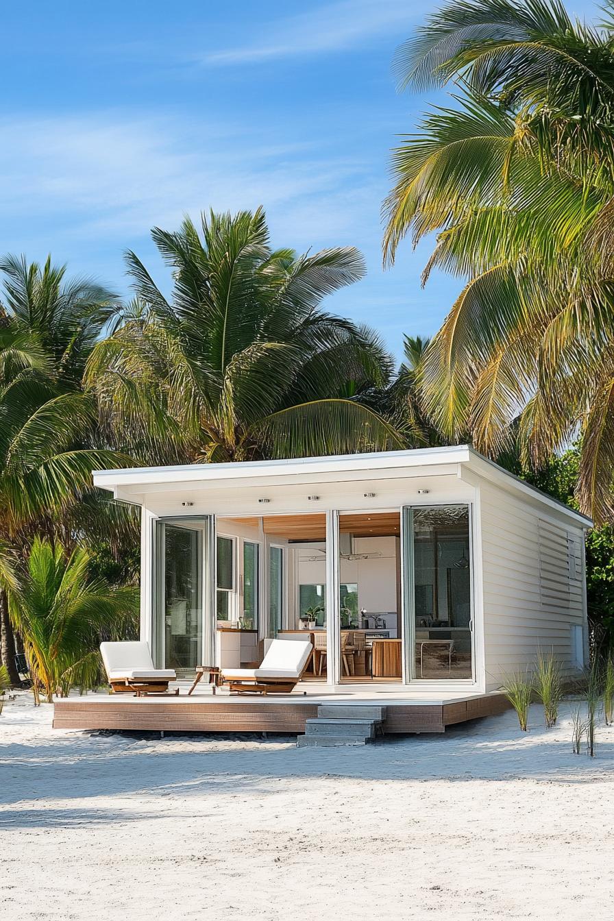 modern beachfront prefab cabin in white siding glat roof full wall windows and sliding doors on sand surrounded with palms