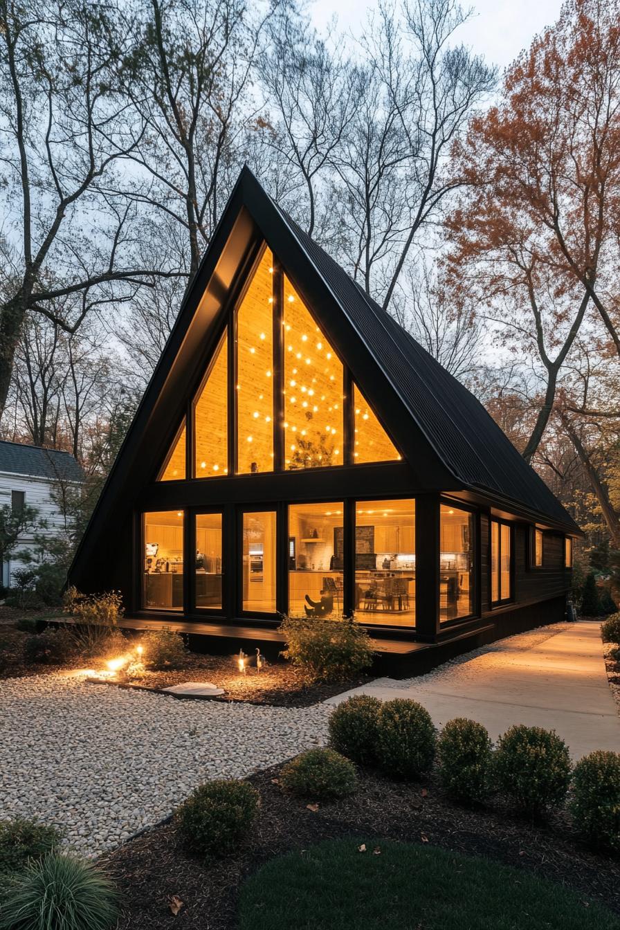 modern black a frame cabin with full glass walls skylights large eaves with LED lighting gravel yard with shrubs and concrete path 1