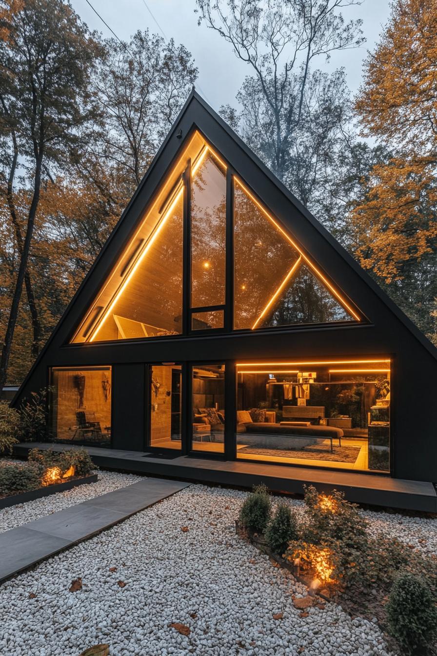 modern black a frame cabin with full glass walls skylights large eaves with LED lighting gravel yard with shrubs and concrete path 2