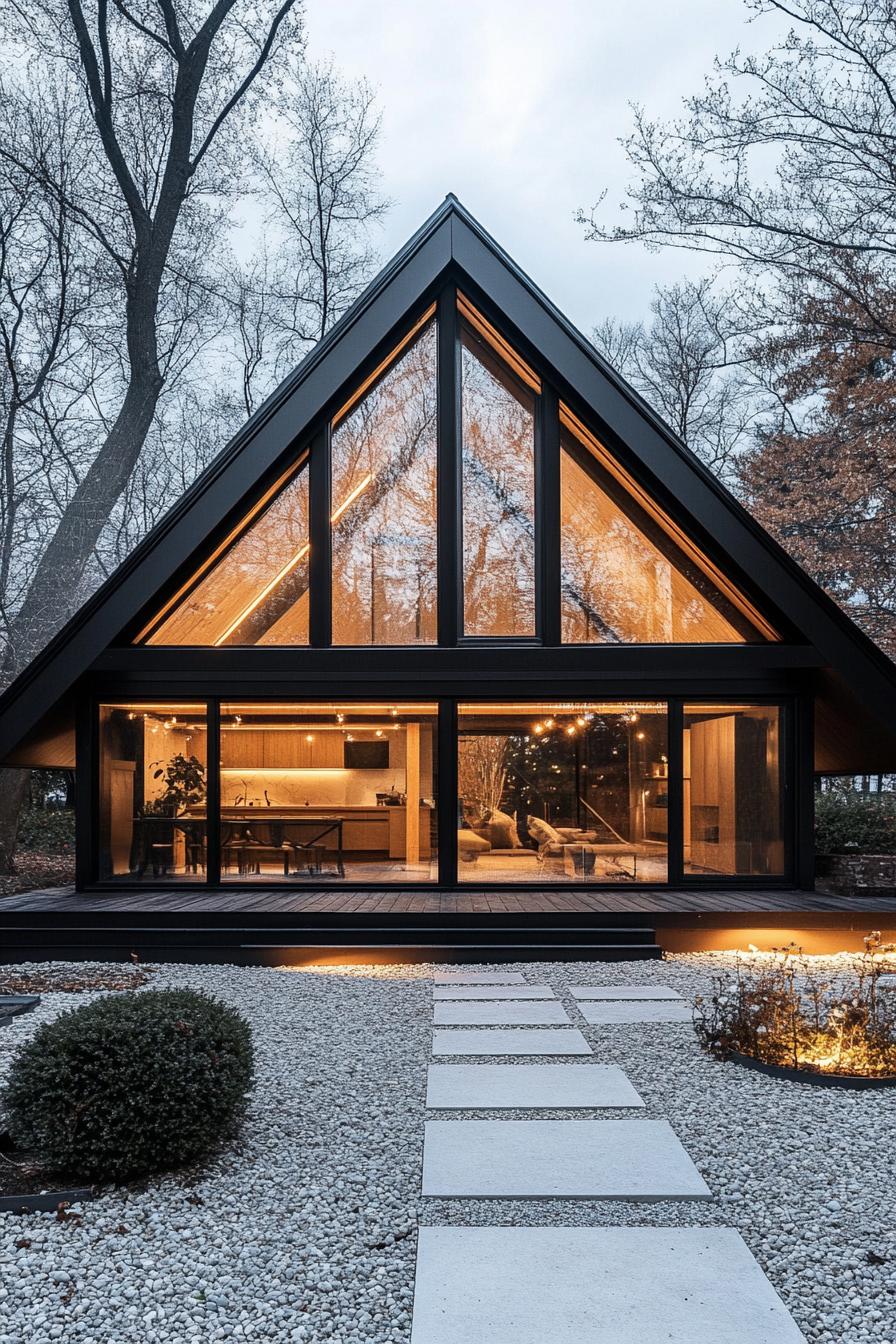 modern black a frame cabin with full glass walls skylights large eaves with LED lighting gravel yard with shrubs and concrete path