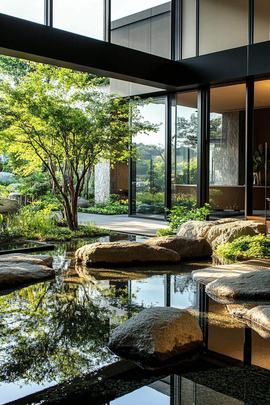 modern black house indoor courtyard connected to outdoors with a large pond with boulders greenery and a tree 1