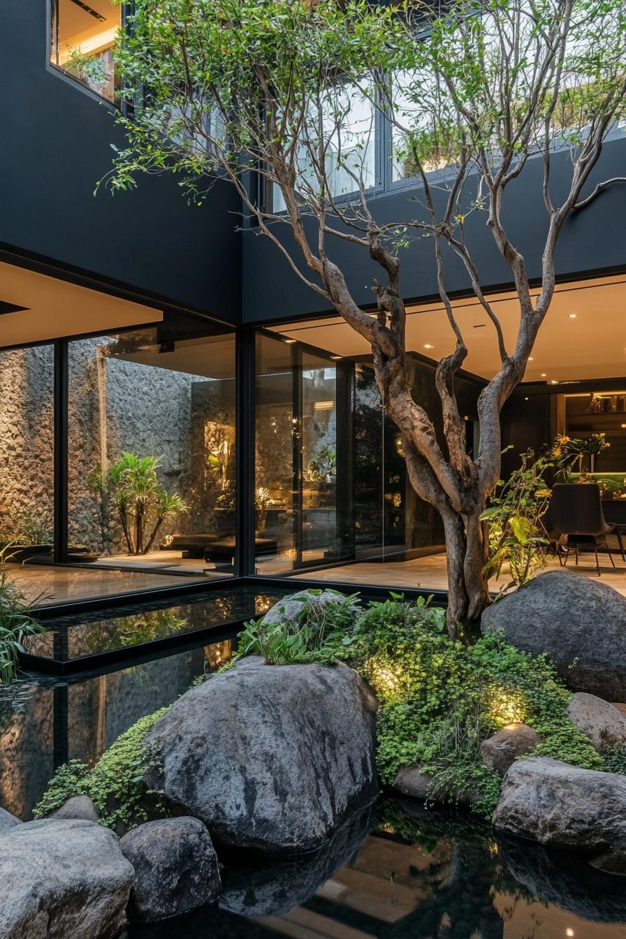 modern black house indoor courtyard connected to outdoors with a large pond with boulders greenery and a tree 2