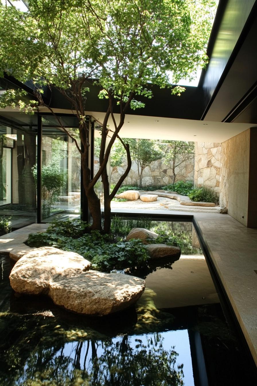 modern black house indoor courtyard connected to outdoors with a large pond with boulders greenery and a tree