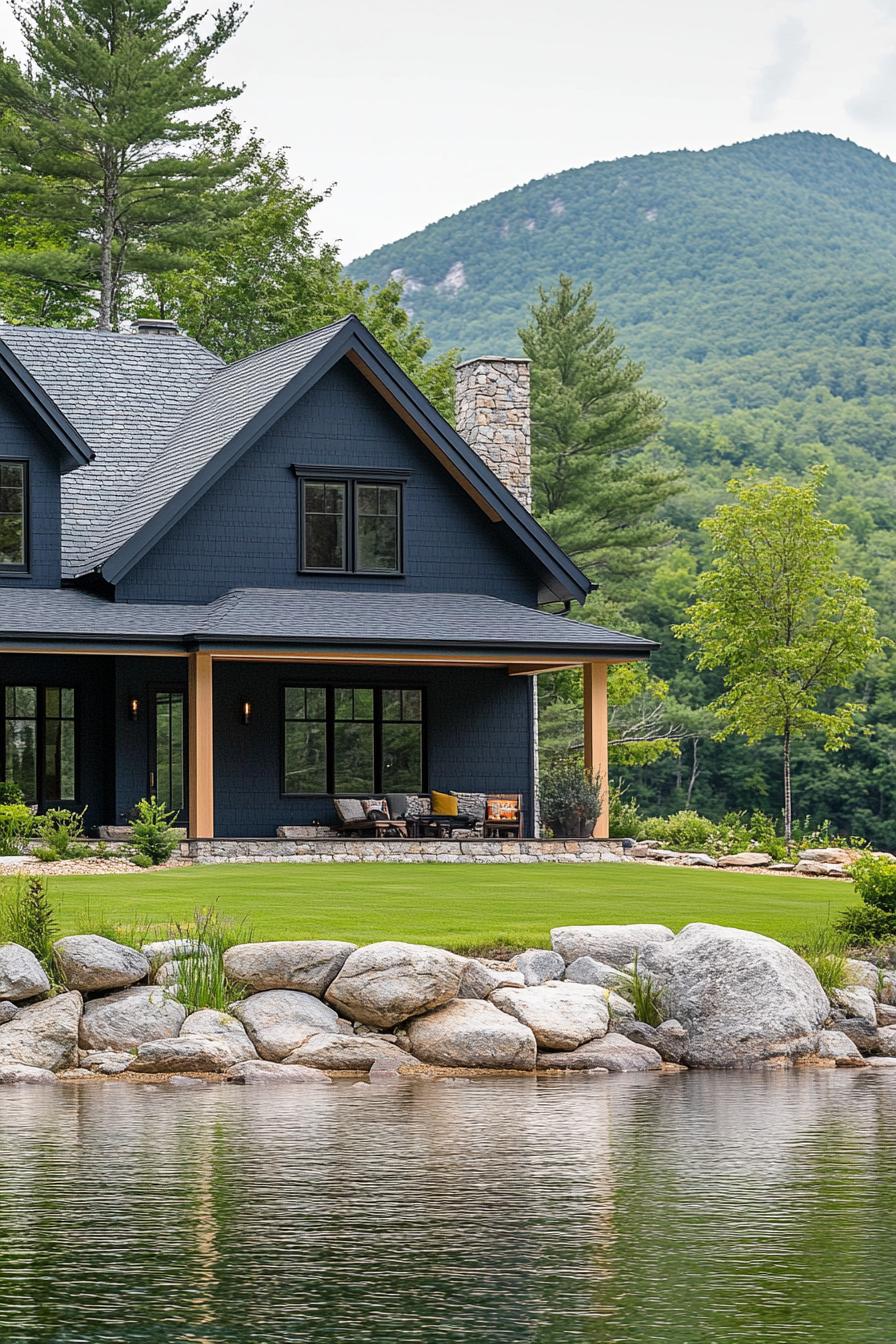 modern cottage style mountain house facade with navy blue with gray trim on lakefront lined with rocks green lawn green mountains in the background 1