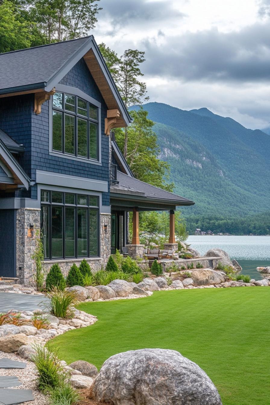 modern cottage style mountain house facade with navy blue with gray trim on lakefront lined with rocks green lawn green mountains in the background 2