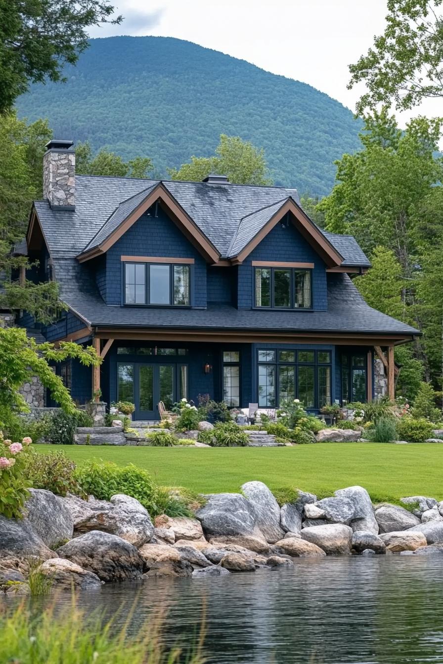 modern cottage style mountain house facade with navy blue with gray trim on lakefront lined with rocks green lawn green mountains in the background 3