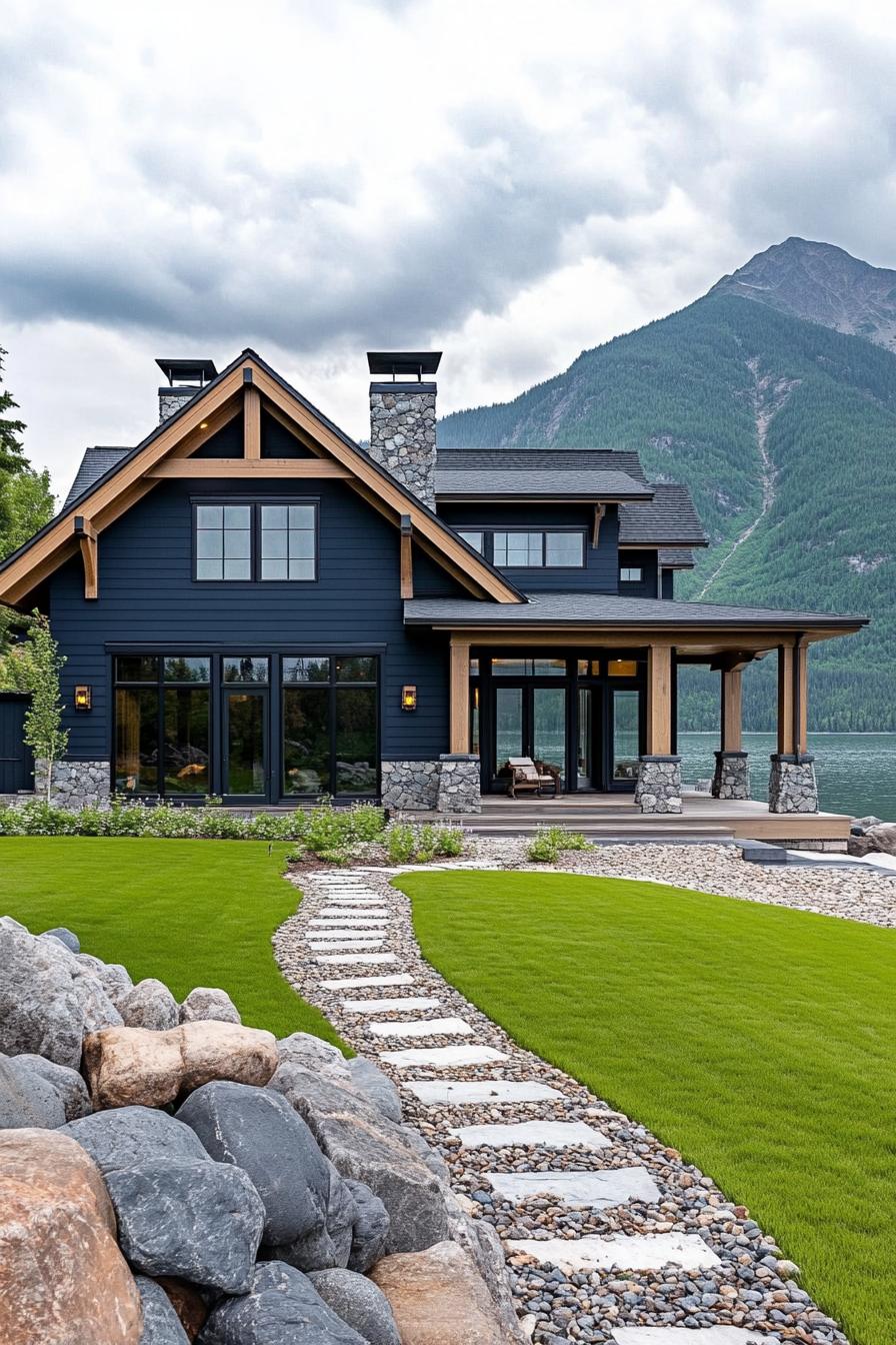 modern cottage style mountain house facade with navy blue with gray trim on lakefront lined with rocks green lawn green mountains in the background