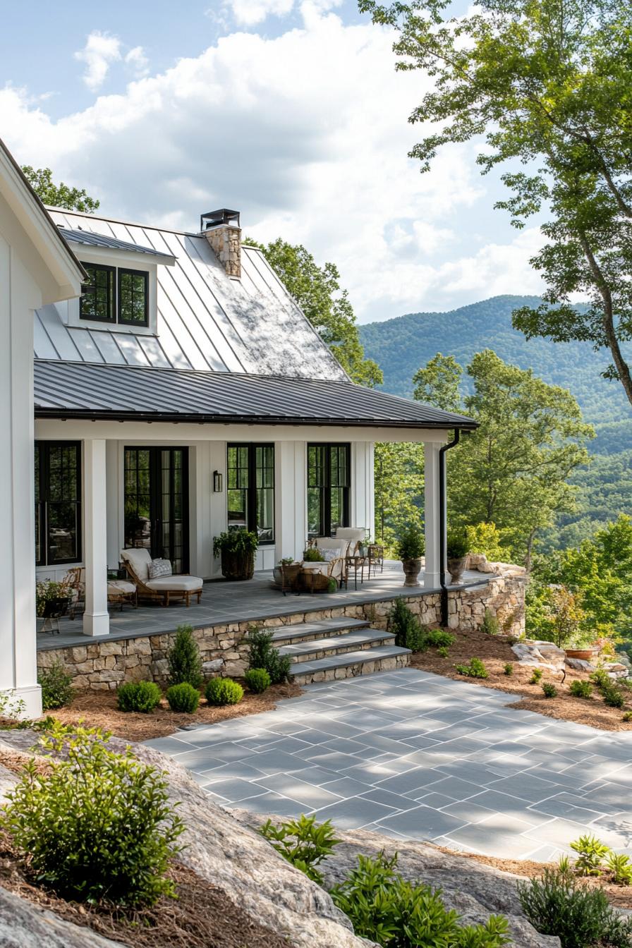 modern cottage style mountain house with white board and batten facade large open air porch with stone tile floor native landscaping stunning 1