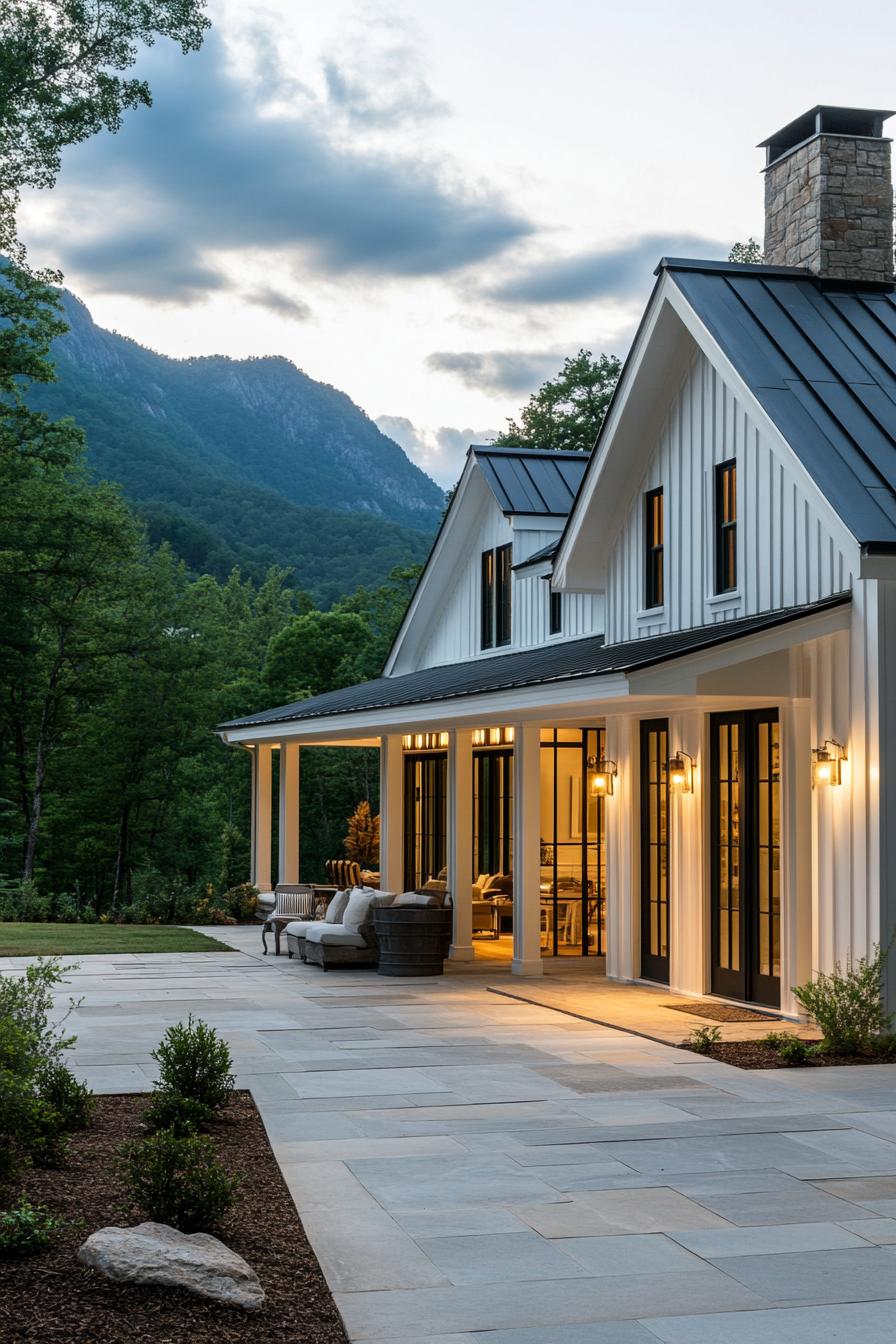 modern cottage style mountain house with white board and batten facade large open air porch with stone tile floor native landscaping stunning 2