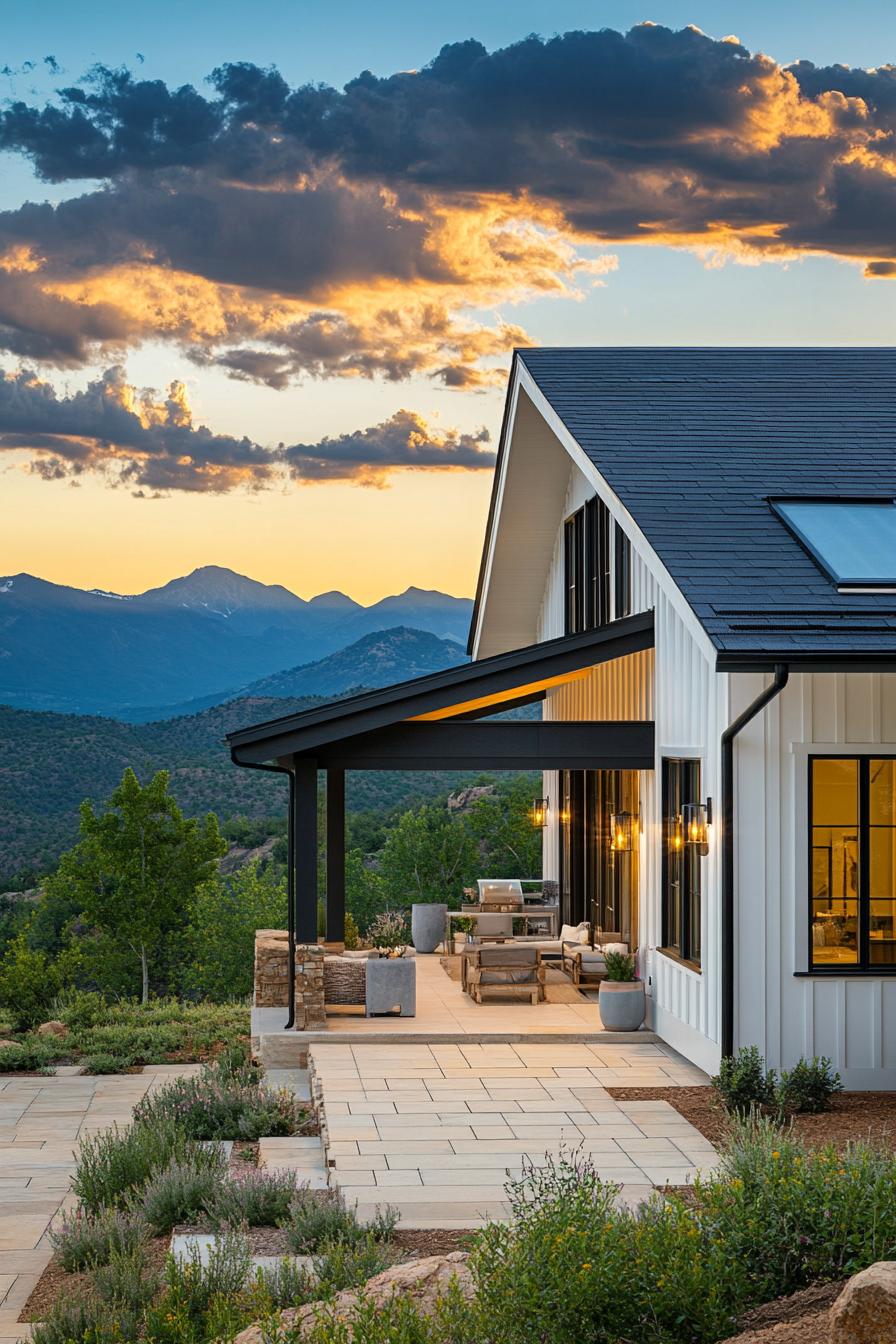 modern cottage style mountain house with white board and batten facade large open air porch with stone tile floor native landscaping stunning 3