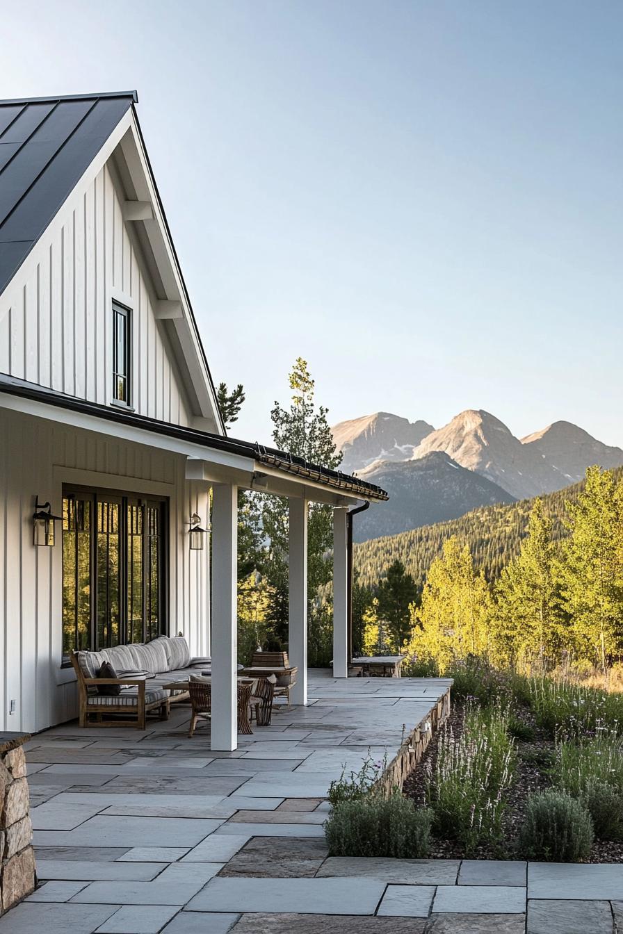 modern cottage style mountain house with white board and batten facade large open air porch with stone tile floor native landscaping stunning