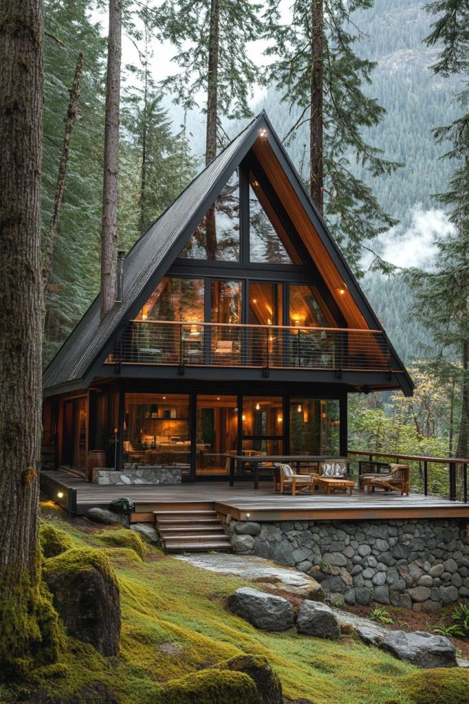 modern a-frame forest cabin