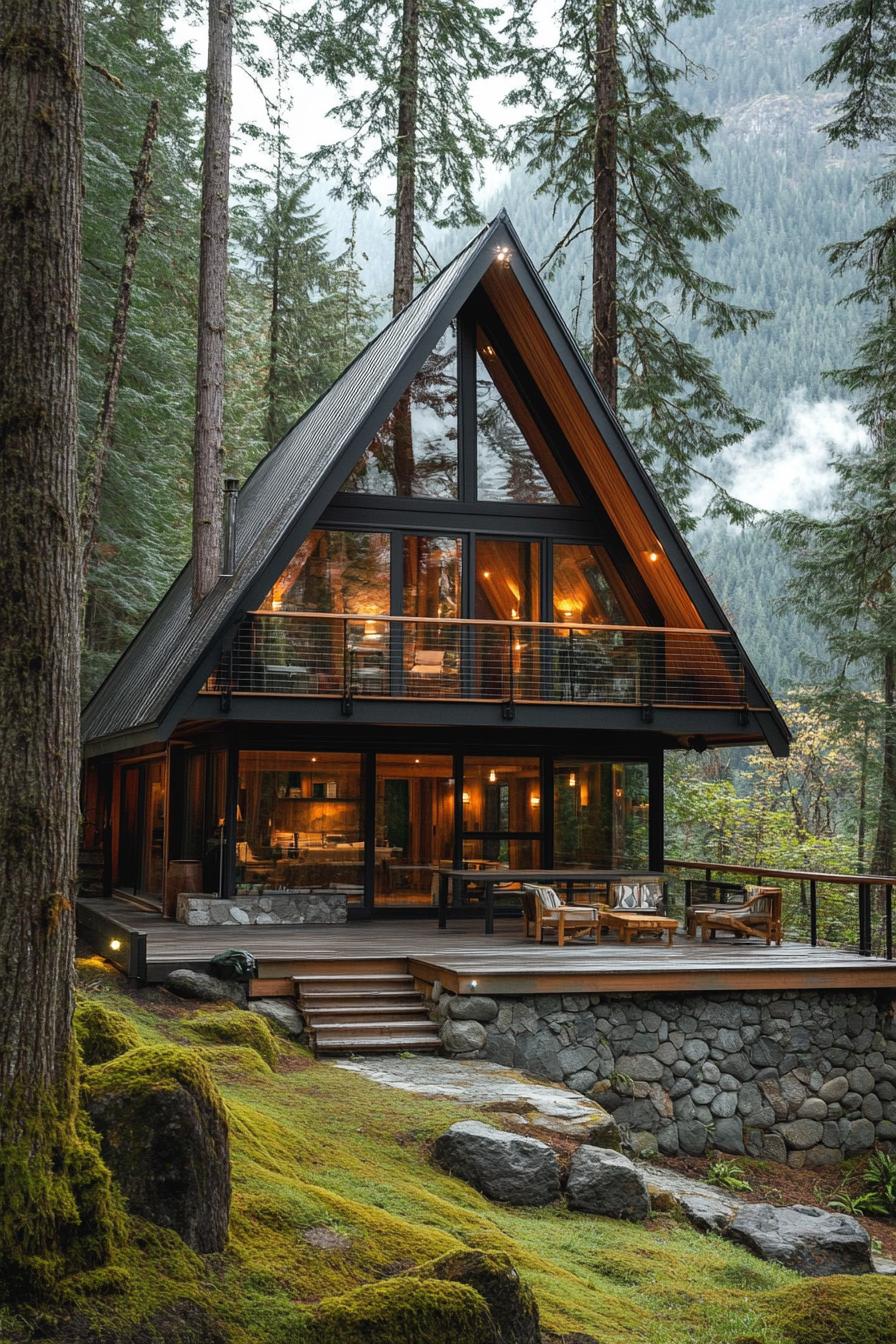 modern forest a frame dar stained wood cabin with full glass wall and balcony with wooden railings front deck with wooden furniture natural stone 1