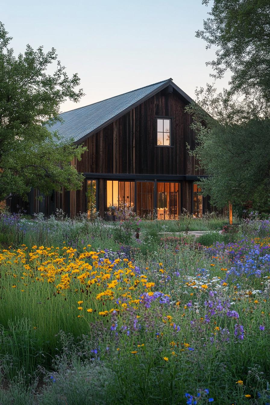 modern forest house barn style facade with wildflower garden 1