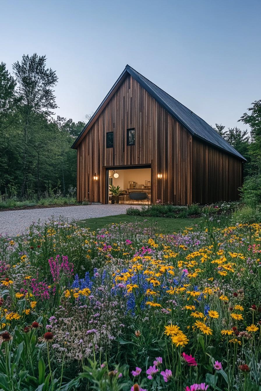 modern forest house barn style facade with wildflower garden 2