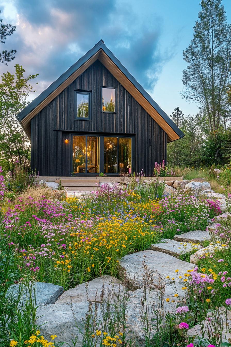 modern forest house barn style facade with wildflower garden 3