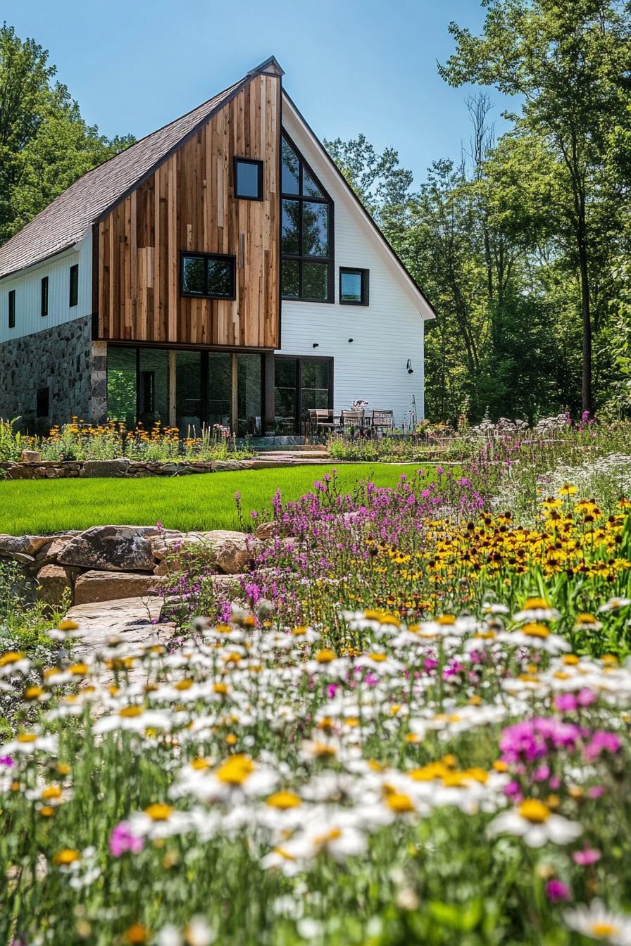 modern forest house barn style facade with wildflower garden