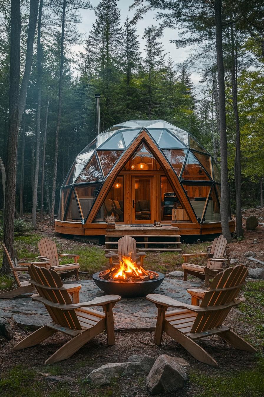 modern geodesic dome cabin made of wood panels full glass a frame entrance wall with a wooden door in a pine forest clearing a firepit and 1