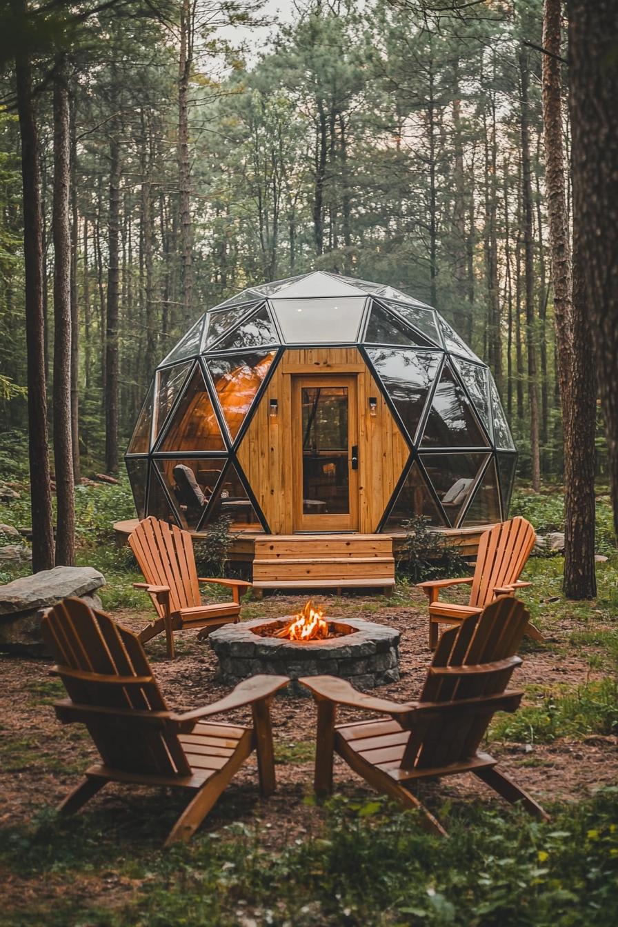 modern geodesic dome cabin made of wood panels full glass a frame entrance wall with a wooden door in a pine forest clearing a firepit and