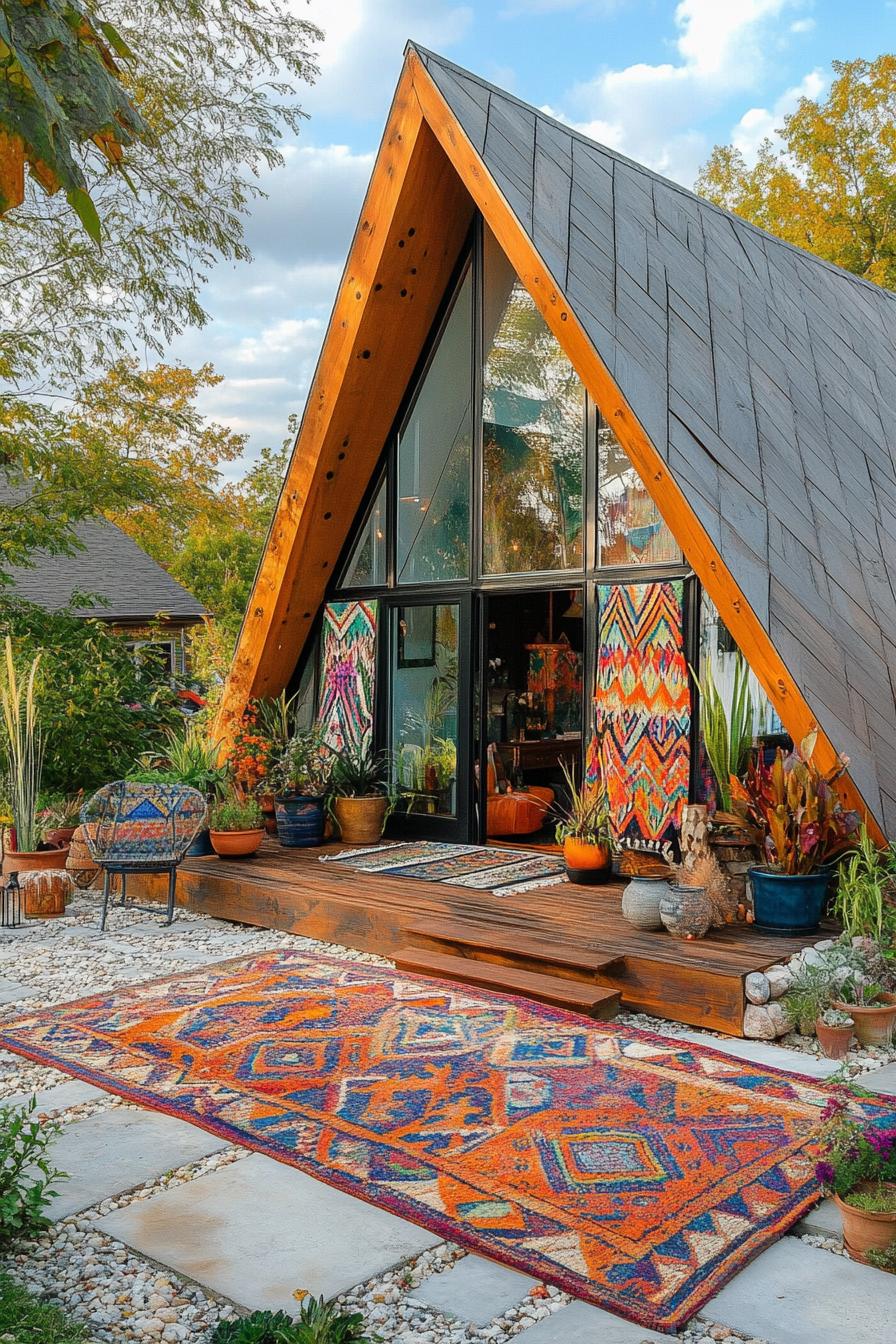 modern geodesic house facade with front porch covered in colorful bohemian textiles 1