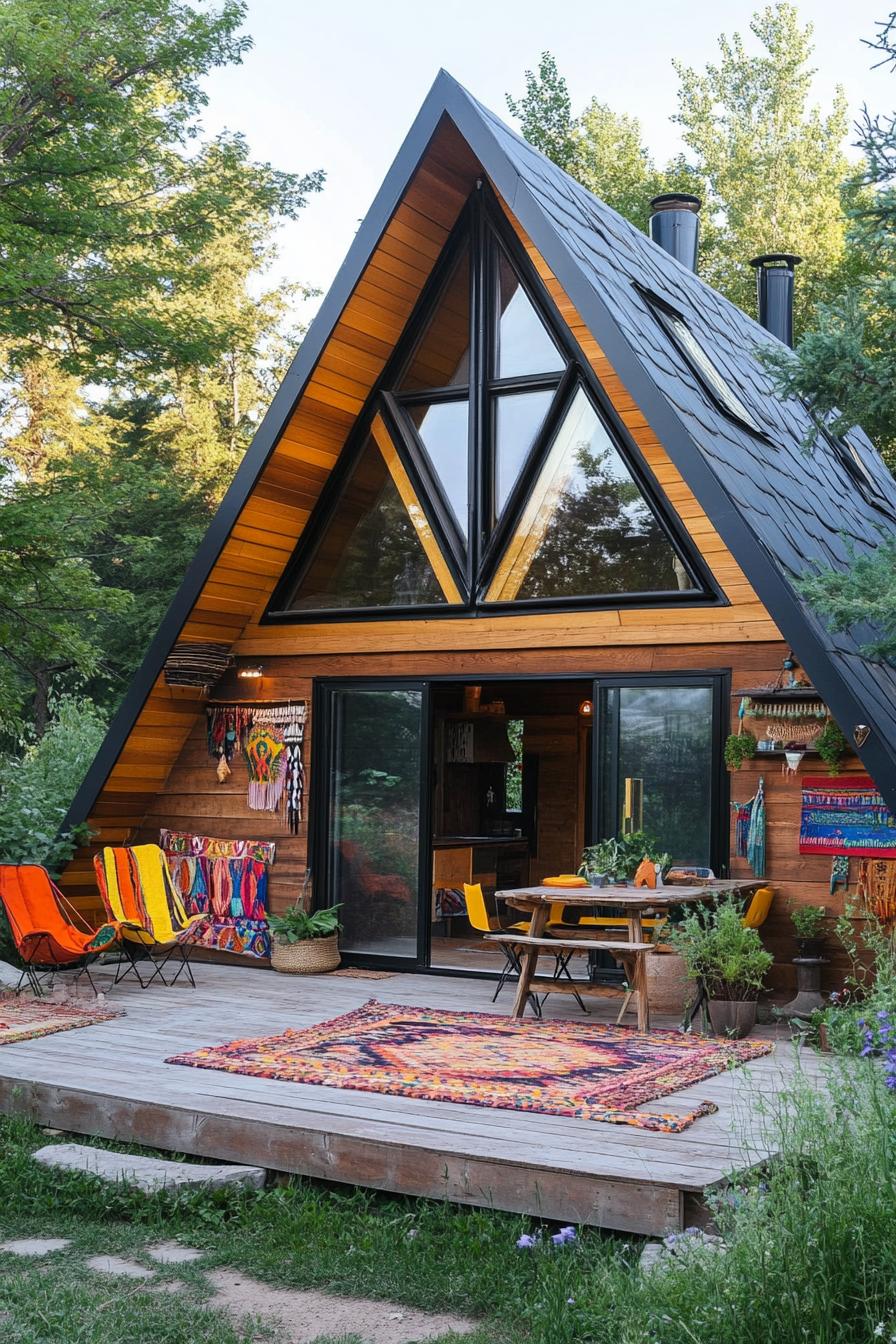 modern geodesic house facade with front porch covered in colorful bohemian textiles 2