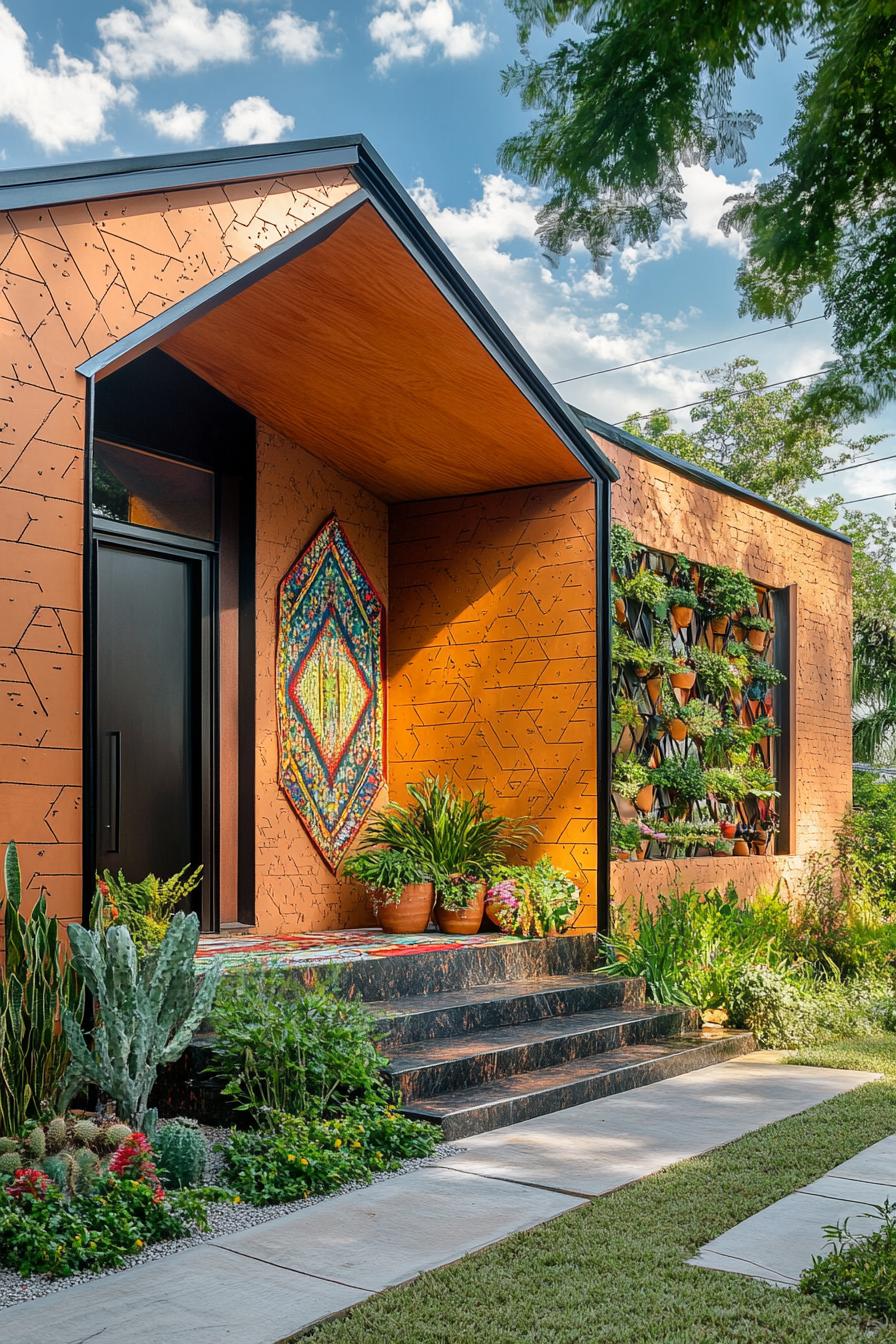 modern geodesic house facade with front porch covered in colorful bohemian textiles 3