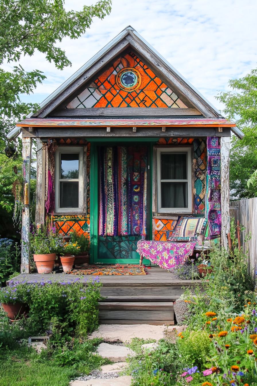 modern geodesic house facade with front porch covered in colorful bohemian textiles