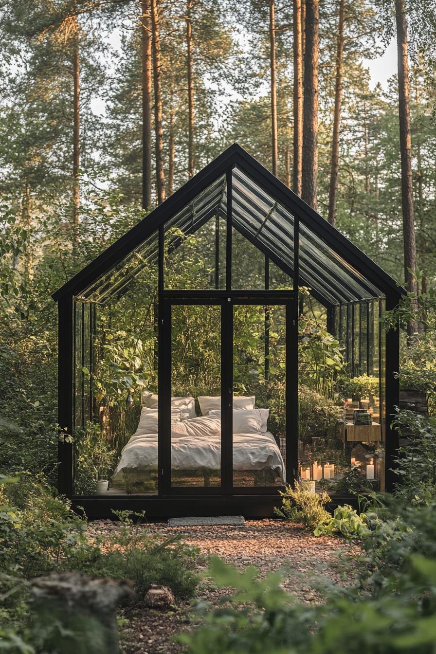 modern glass greenhouse style cabin with a bedroom inside it stands in a stunning Scandinavian forest