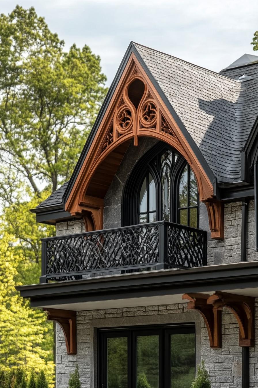 modern gothic style cottage facade with intricate woodwork craft trim