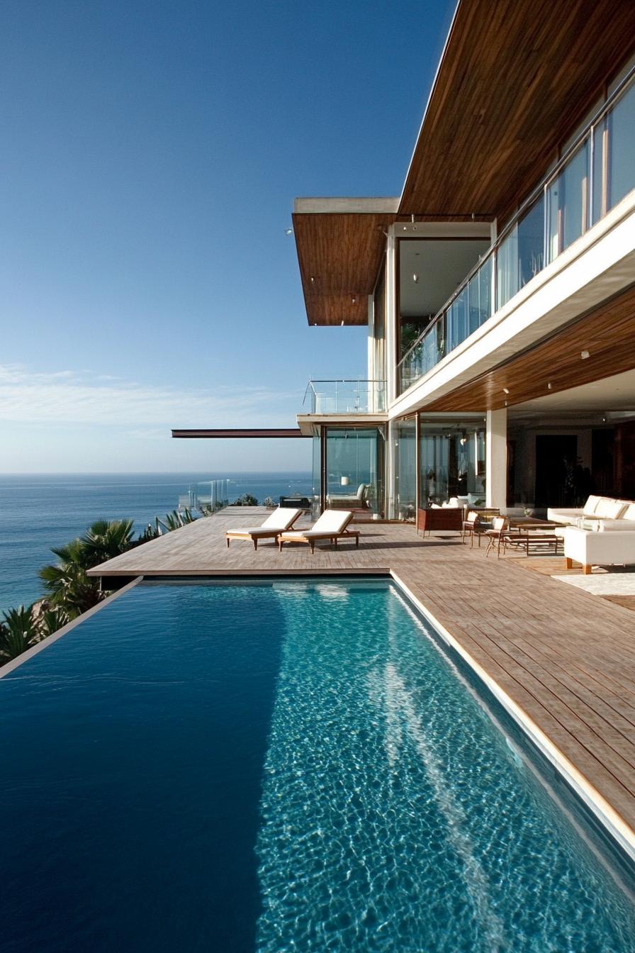 modern house backyard poolside raised wooden deck stunning ocean views