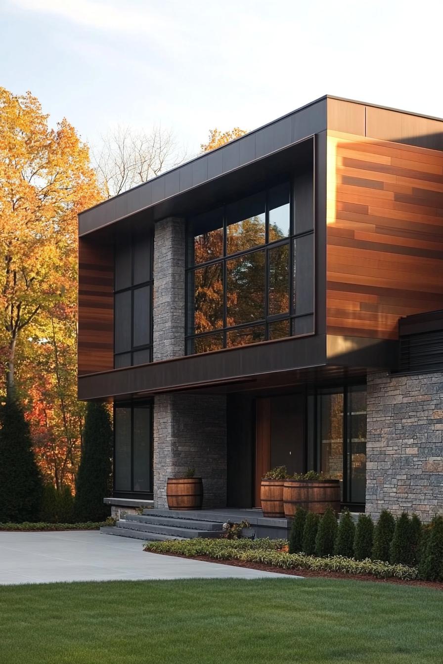 modern house facade with gutter drains going to barrels as part of exterior design 1