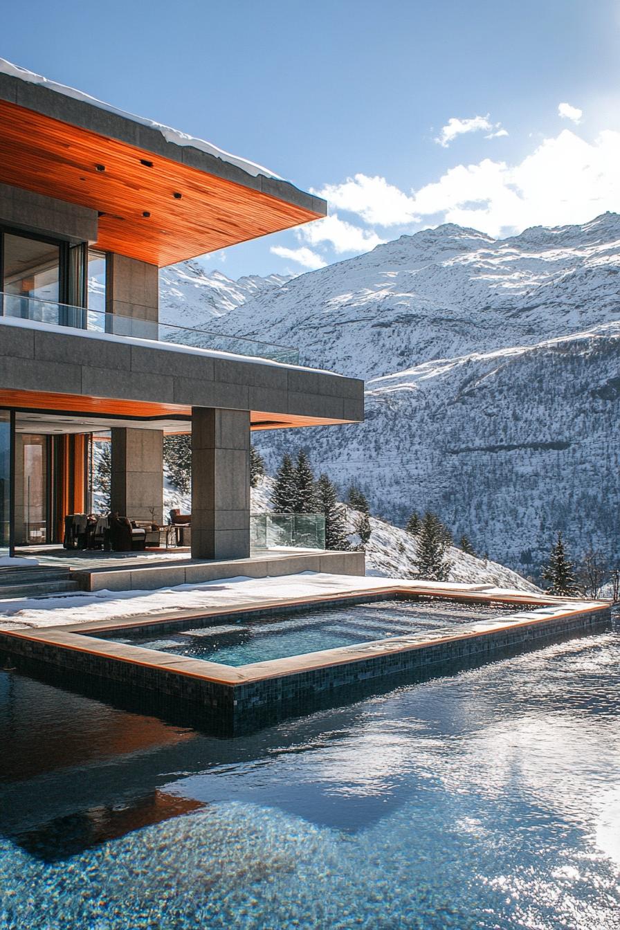 modern house multi level pool with integrated hot tub mountain with snow top in the background 1