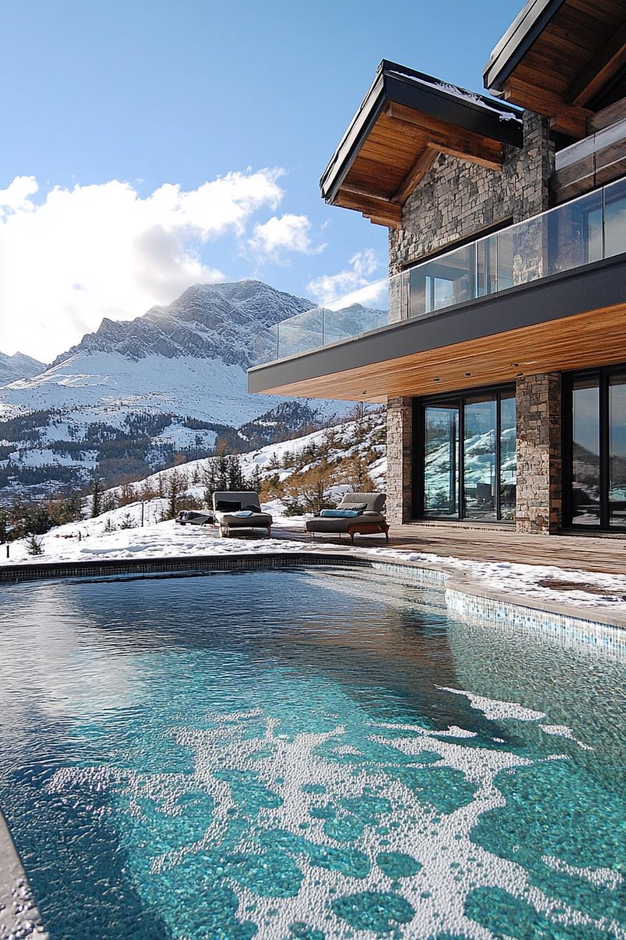 modern house multi level pool with integrated hot tub mountain with snow top in the background 2