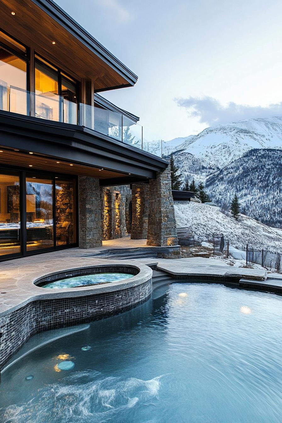 modern house multi level pool with integrated hot tub mountain with snow top in the background 3