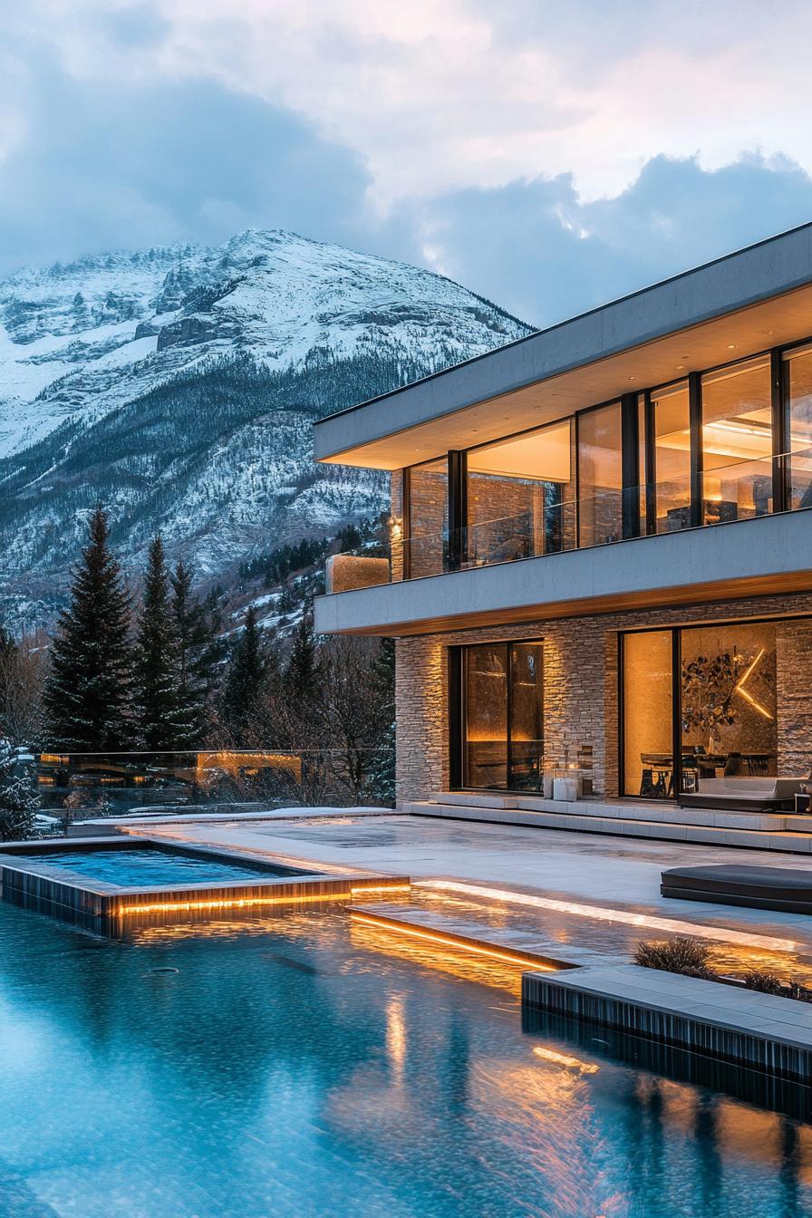 modern house multi level pool with integrated hot tub mountain with snow top in the background