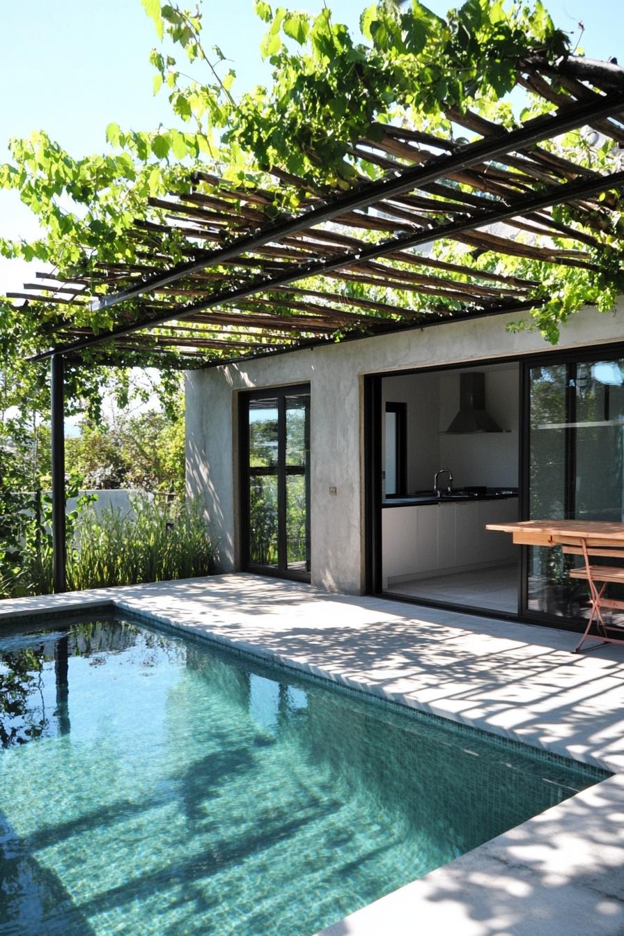 modern house small pool under pergola with vines