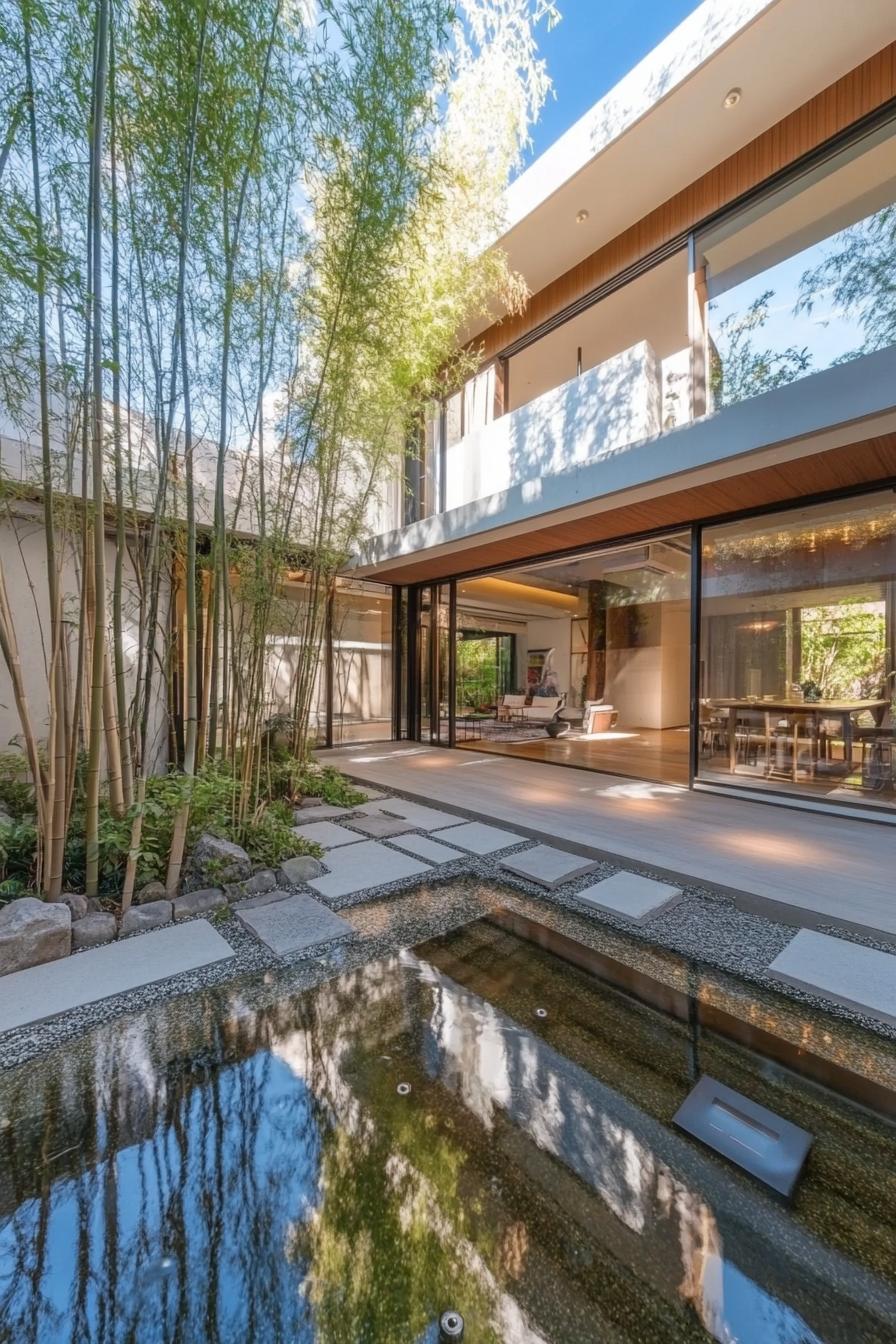 Japanese courtyard with bamboo, water feature, and wooden deck