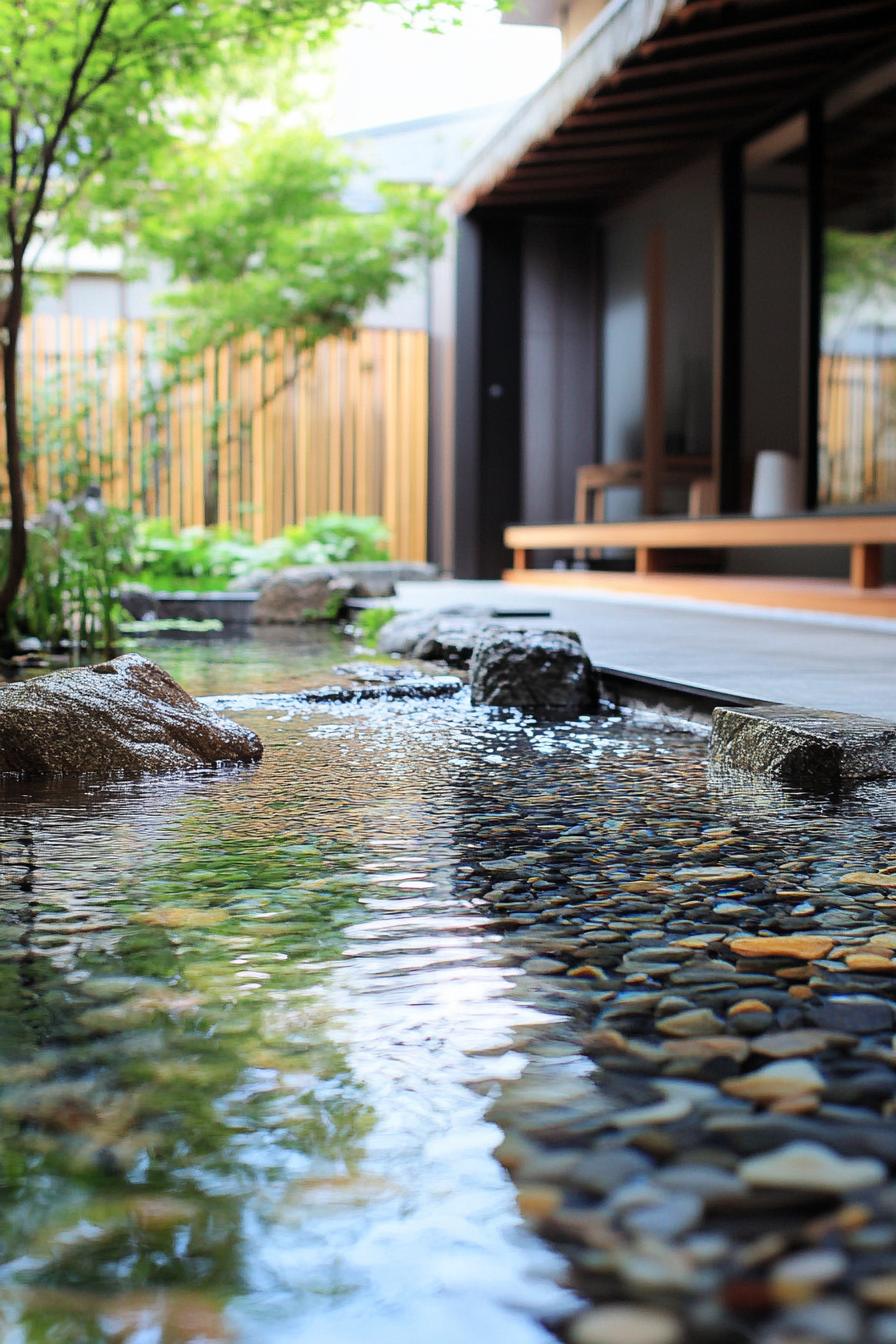 Japanese courtyard with wooden deck and serene water feature