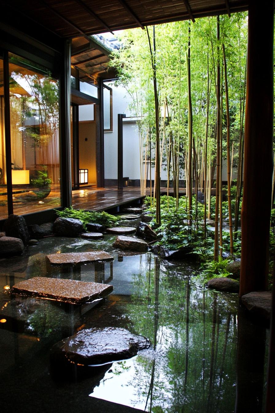 modern japanese house courtyard with bamboo water feature Shishi Odoshi 3