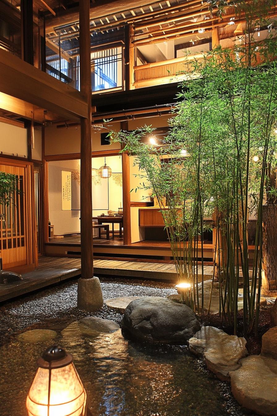 modern japanese house courtyard with bamboo water feature Shishi Odoshi